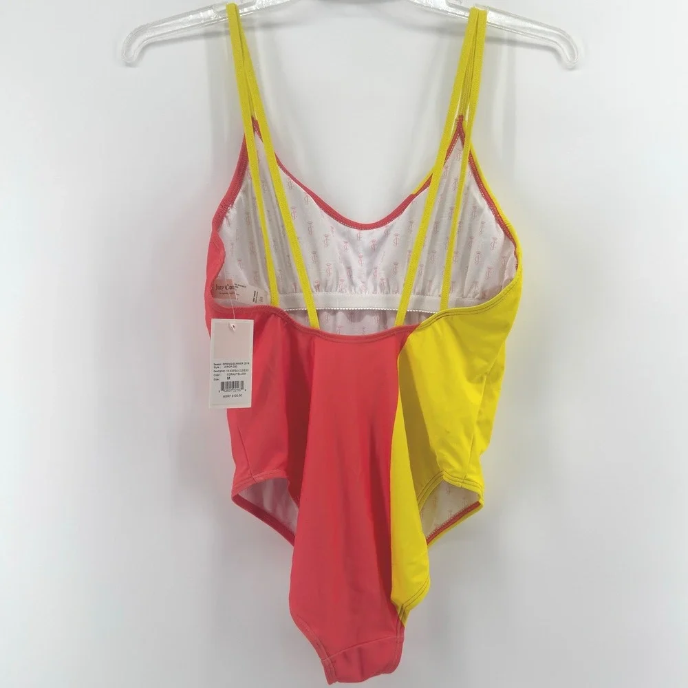 NEW Juicy Couture Color Block One Piece Scoop Swimsuit‎ Swimwear Coral Yellow M